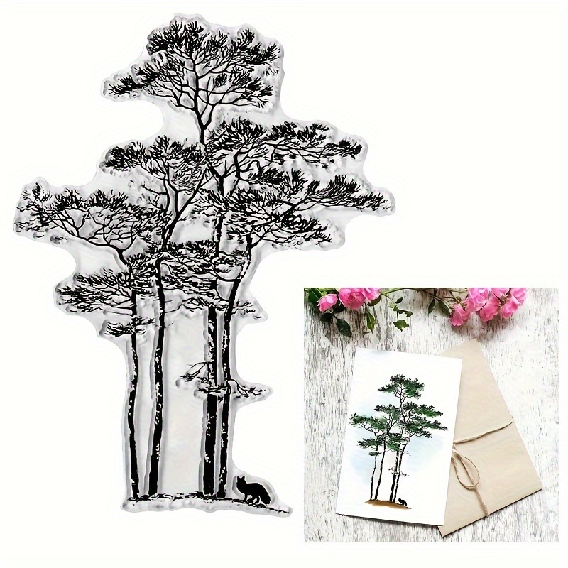 

Tree Fox Background Clear Stamps For Card Making And Photo Album Decorations, Pine Trees Leaves Rubber Stamps, Plants Animals Transparent Stamps Seal For Diy Scrapbooking