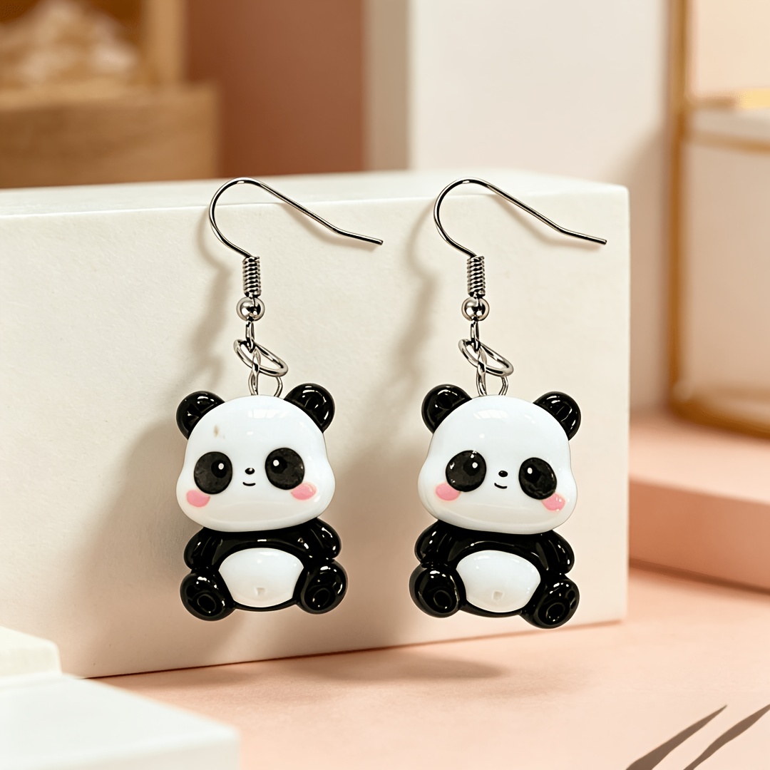 TEMU Aretes de resina de panda lindo, aretes colgantes 3D kawaii de panda, joyería de caída de animales, aretes de novedad de de bambú para mujeres