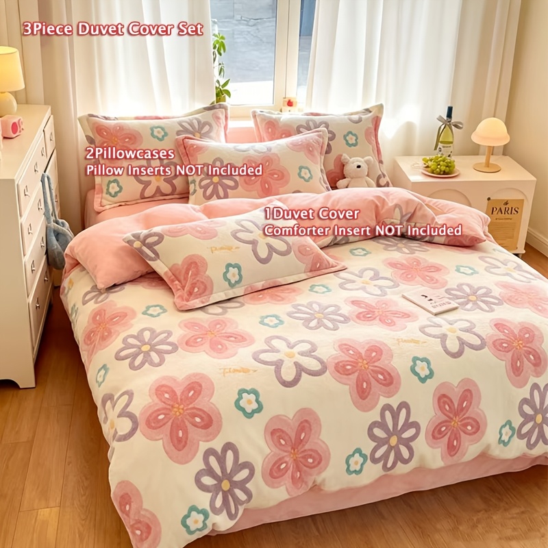 Image of 3pcs Floral Print Reversible Plush Fleece Duvet Cover Set, Ultra Soft Fluffy Bedding With Pillowcases