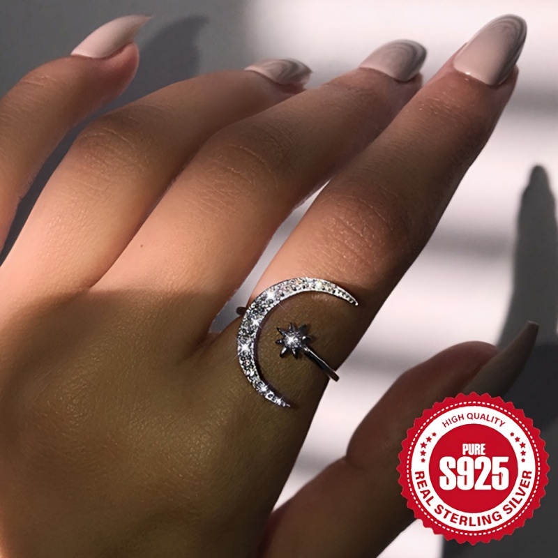 

925 Sterling Silver Ring Star And Moon Surround Design Open Ring Dazzling Zircon Adjustable Opening Ring