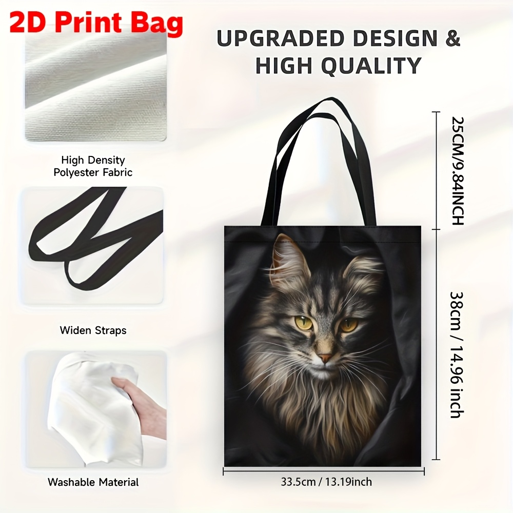 TEMU 1pc Maine Coon Cat Tote Bag Suitable For & - Elegant Maine Coon Print Durable Polyester Handbag, Machine Washable Casual & Stylish Spacious Bag