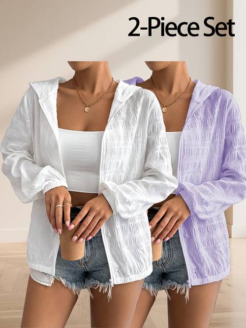 2 stk. | leichte kapuzenjacke für damen – lässiges plissee-design, reißverschluss, lange ärmel, , maschinenwaschbar – vielseitige sonnenschützende oberbekleidung für alle jahreszeiten