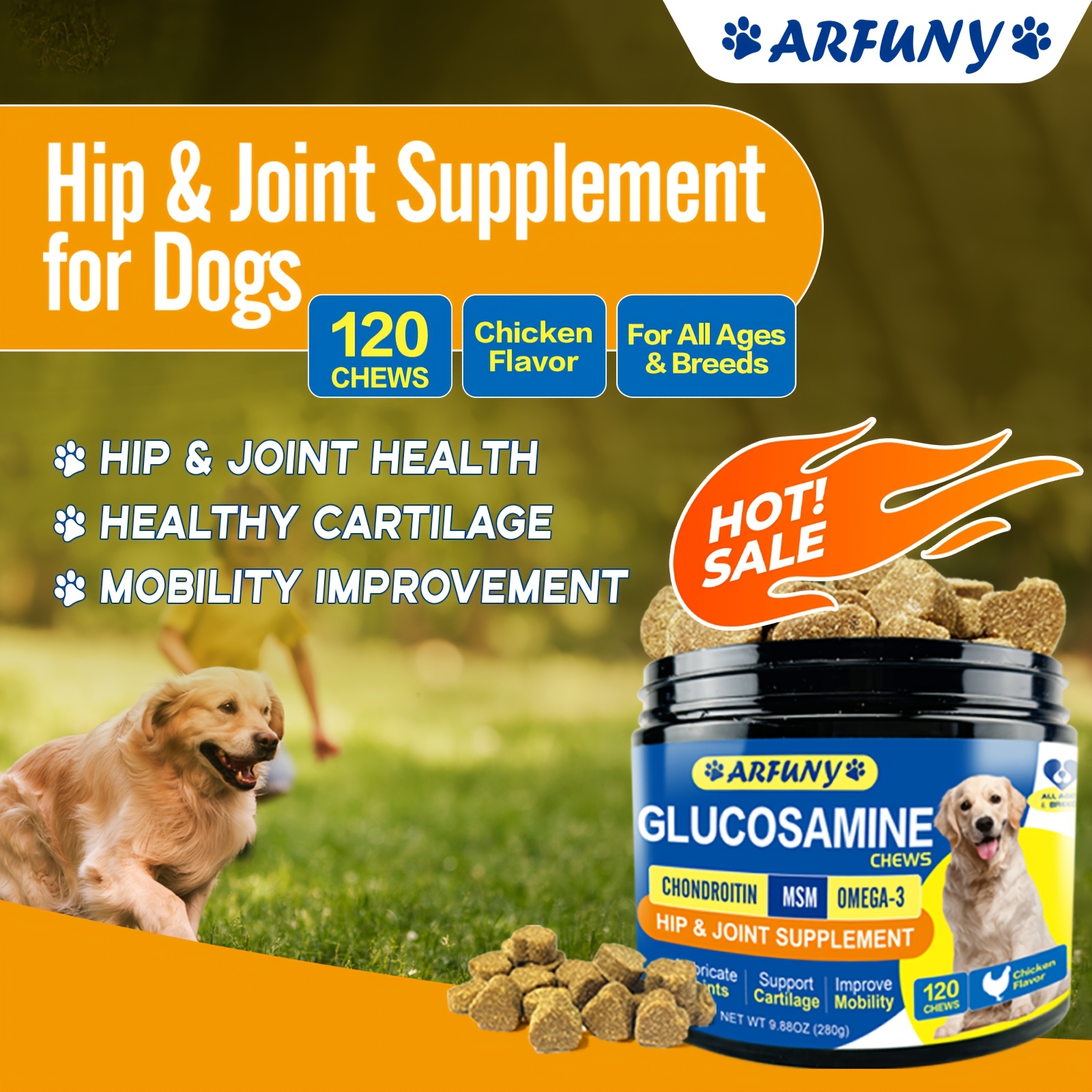 TEMU For Dogs - Hip And Joint Supplement For Dogs - Chondroitin - Msm - Turmeric - Joint Supplement - - Dog Health, Dog Supplies, Dog Products, , 1 Packs, 120 Chews, Chicken Flavor