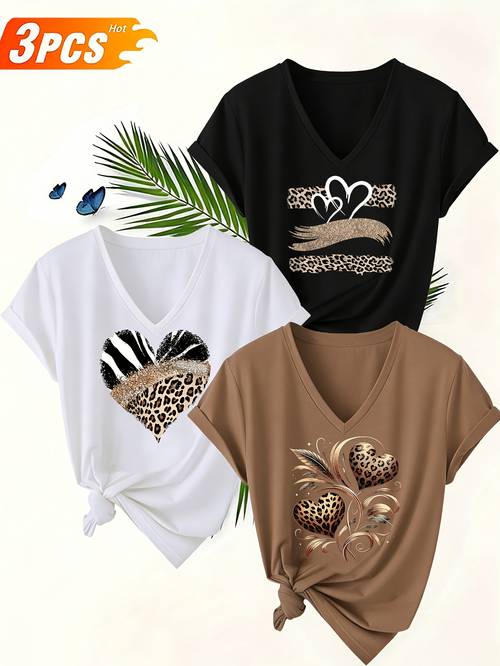 womens 3pcs 3pcs leopard print v neck t shirts soft breathable short sleeve blouses regular fit machine washable suitable for casual wear layering everyday outfits