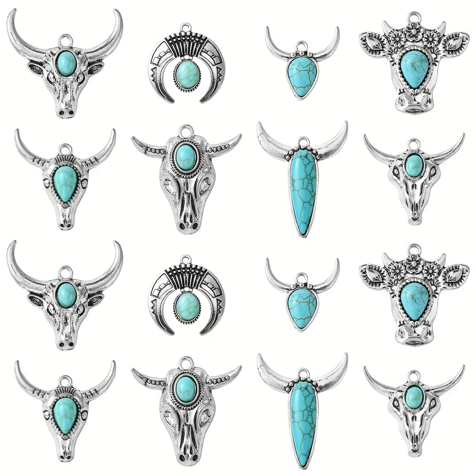 TEMU 16pcs 8 Styles Synthetic Turquoise Pendants With Alloy Findings Cattle Head Charms Craft Supplies For Diy Necklace Bracelet Jewelry Making