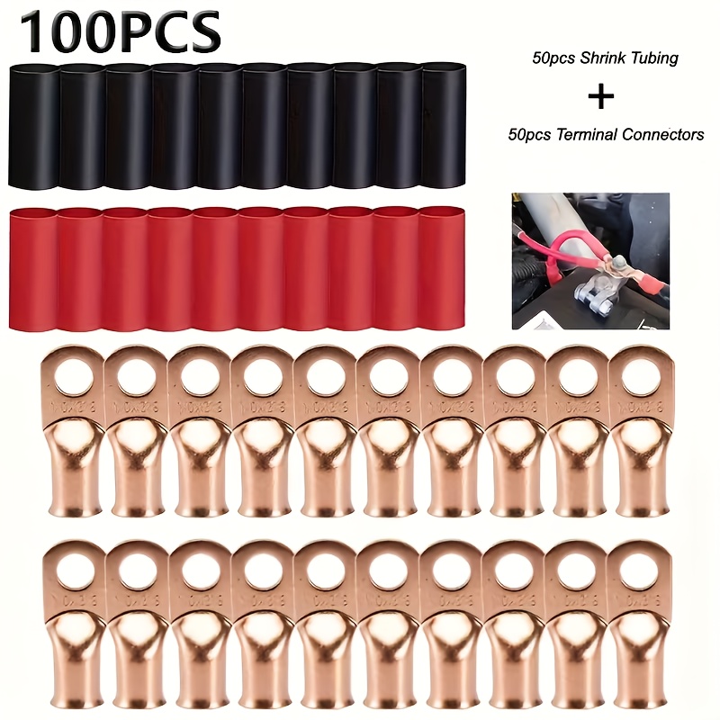 100pcs Copper Terminal Connectors | Awg 4 6 8 10 12 Ring Lug Kit With 50 Battery Cable Lugs And 50 Shrink Tubing, Crimp , Applicable, Without Battery