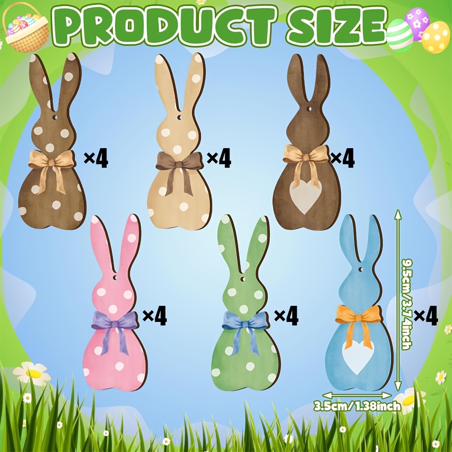 Image of 24pcs Easter Colorful Bunny Wooden Hangings, Cute Wooden Bunny Decorations Easter Wooden Decorations With String Name Tags For Easter Baskets Holiday Parties Decor