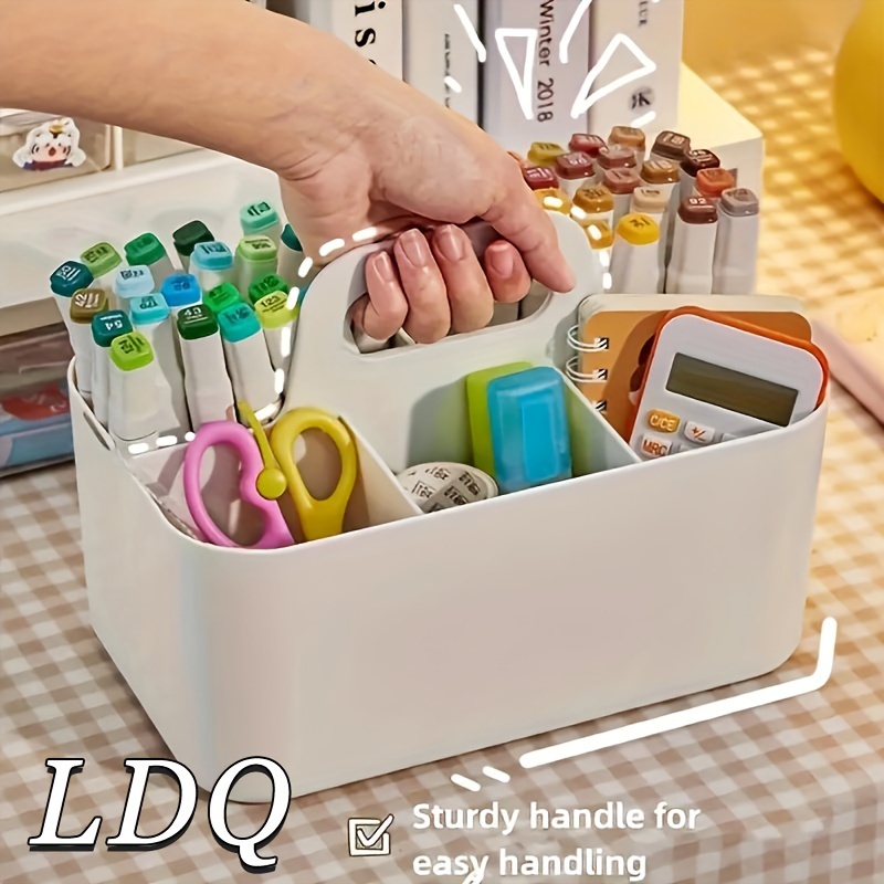 

1pc Plastic Storage Basket With Handle, Portable Pencil Pen Stationery Storage Box, Office Desktop Sorting Organizer With 5 Compartments