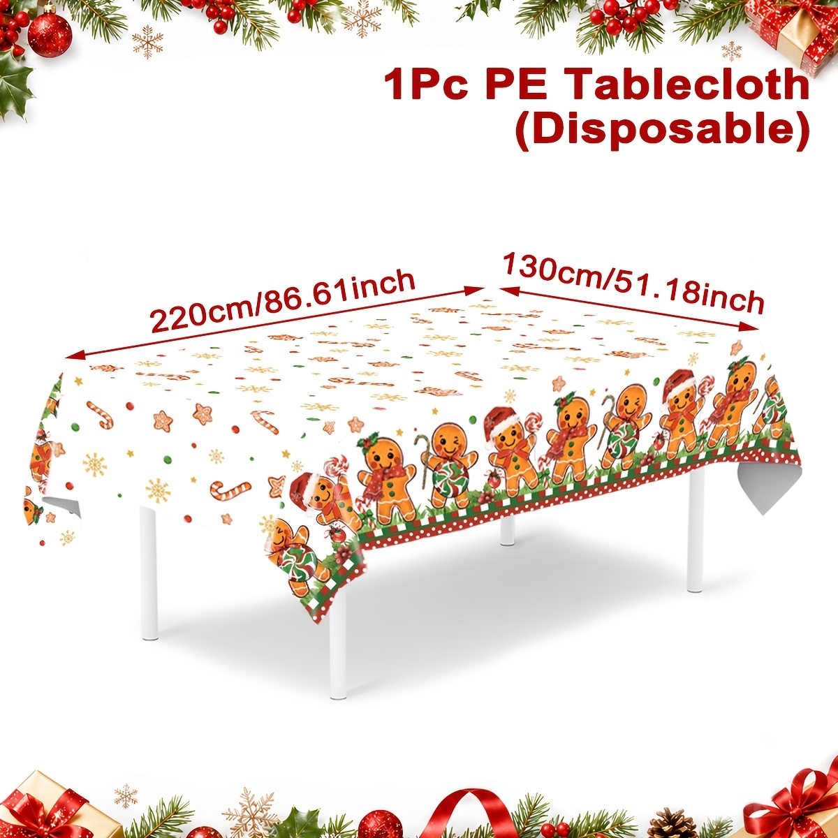 TEMU 1pc, Christmas Gingerbread For Man Disposable Tablecloth, 220*130cm, Merry Christmas Party Decorations For Home, , Happy New Year Supplies, Xmas