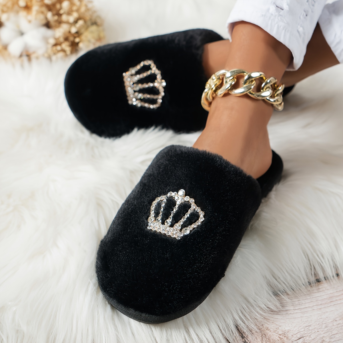 

Rhinestone Crown Decor Home Warm Slippers, Soft Sole Fluffy Backless Indoor Shoes, Non-slip Cozy & Mute Shoes