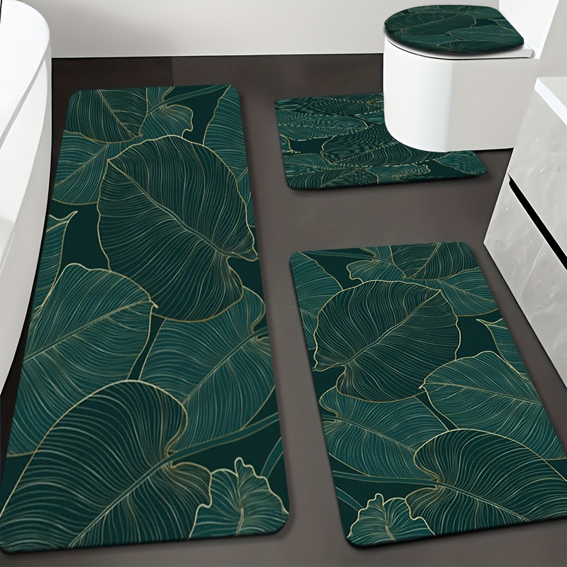TEMU 4pcs Set, Dark Green Pattern Printed Floor Mats, Non-slip Bathroom Mat Set, Home Decor Flannel Material, 1.2cm Thickened Sponge, Non-slip Bottom