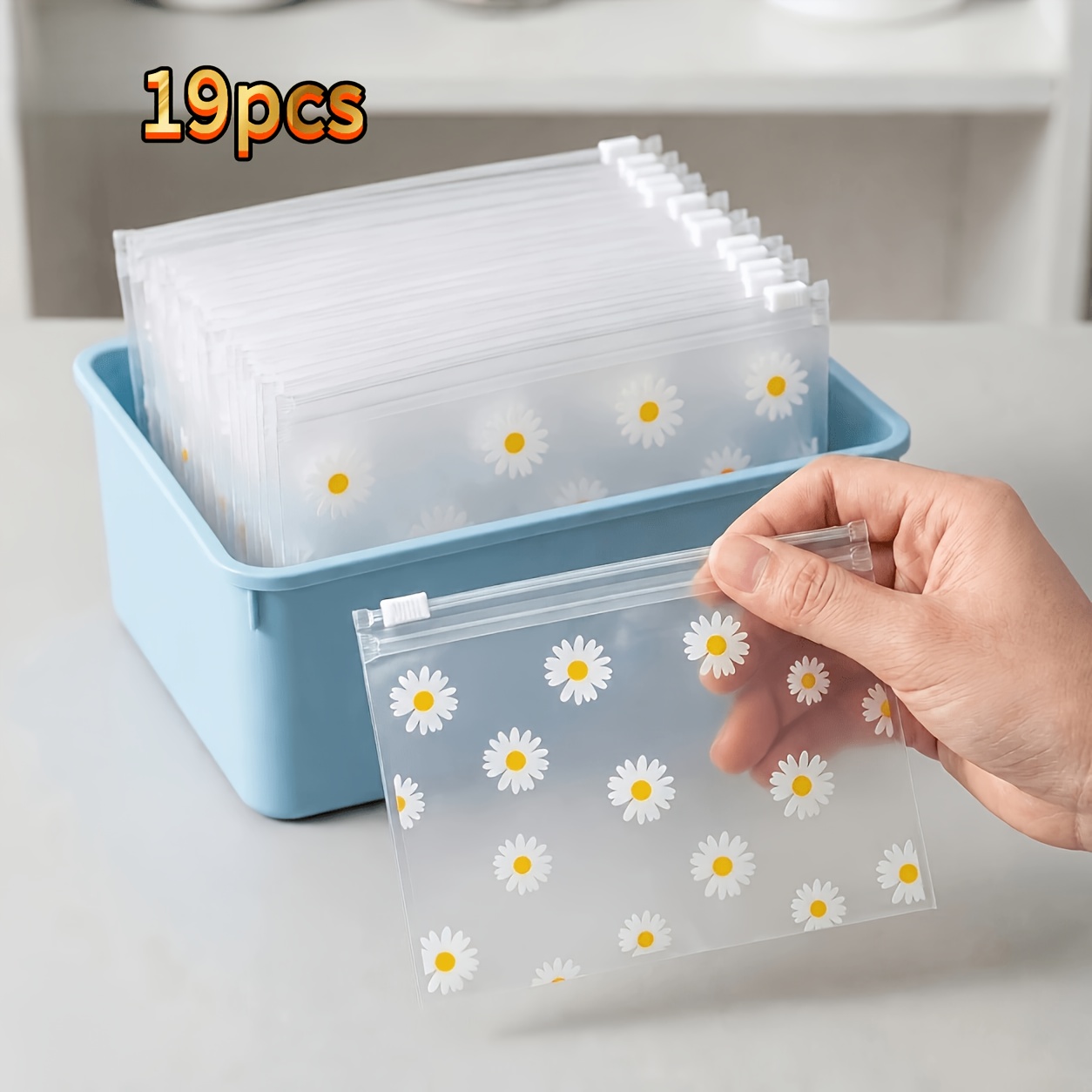TEMU 19 pezzi Sacchetti con cerniera in plastica smerigliata con stampa a margherita Riutilizzabili Trasparenti Autosigillanti per Cosmetici Gioielli