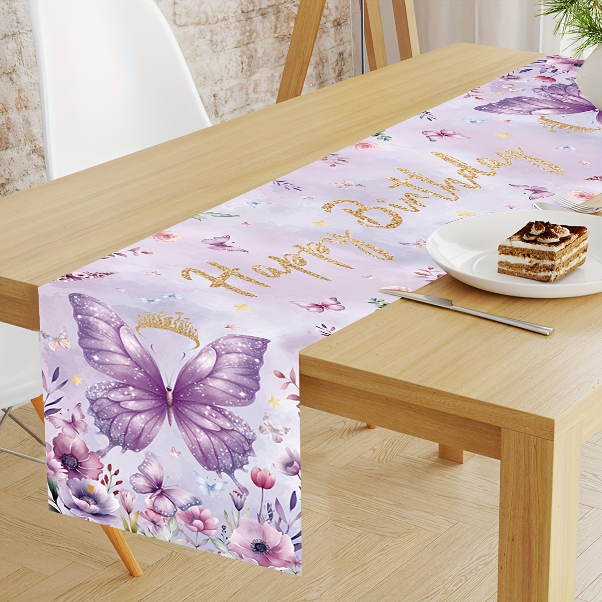 Image of 1pc Purple Theme Birthday Table Cover, Happy Birthday Polyester Table Runner, Birthday Party Table Centerpiece Decoration, Party Celebration Supplies