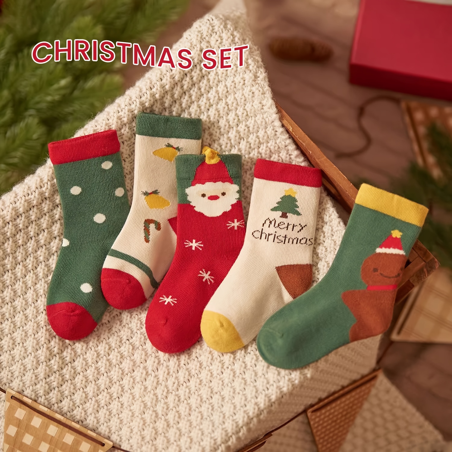 Image of 5-pair Children's Socks, Christmas & Spring Festival Cartoon Series, Infant & Toddler Comfortable Skin-friendly Fabric Socks, /autumn/ Socks, Kids' Floor Socks For Boys And Girls
