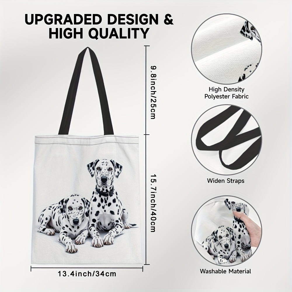 TEMU 1pc Trendy Dalmatian Dog Print Tote Bag - Lightweight, Durable Polyester Shoulder Bag For Shopping & Everyday Use, Hand Washable, Spacious &