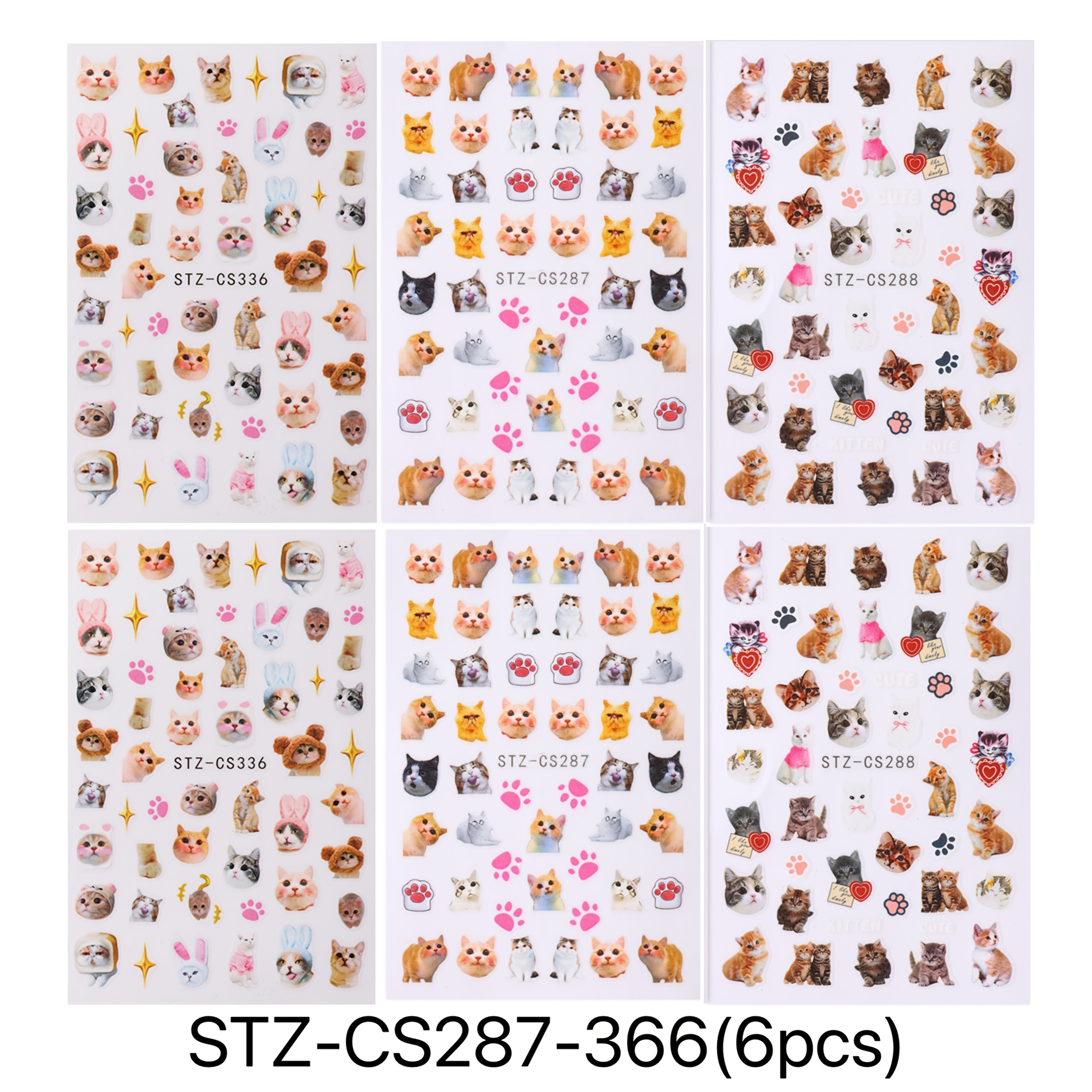 Image of 6pcs Cute Cat Nail Sticker Set Featuring Cartoon Adorable Pets With Cat Paw Designs. Self-adhesive 3d Cartoon Animal Cat Paw Nail Decals Are Perfect For Nail Art Decoration For Women And
