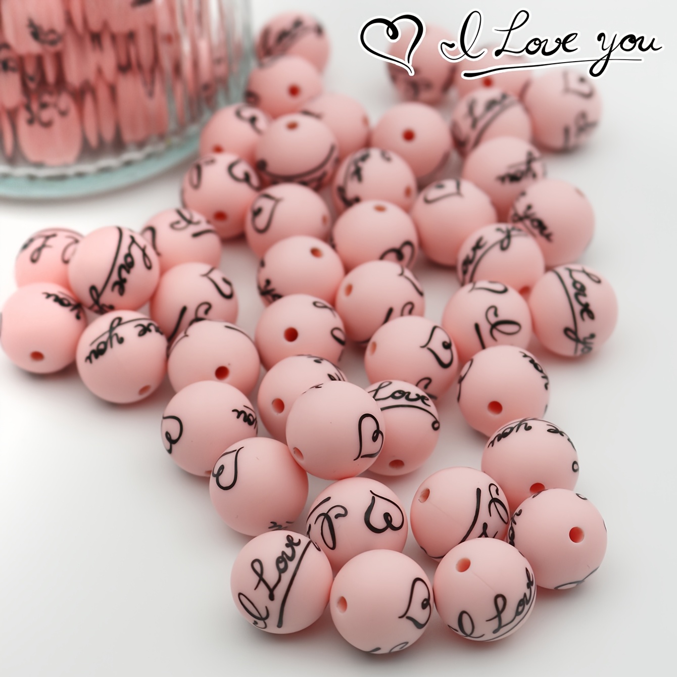 

20pcs Perles en silicone rose et blanche, 15mm Perles rondes souples "Je t'aime" pour bijoux de bricolage, cadeau de la Saint-Valentin et de , bracelet , collier, clé en main,