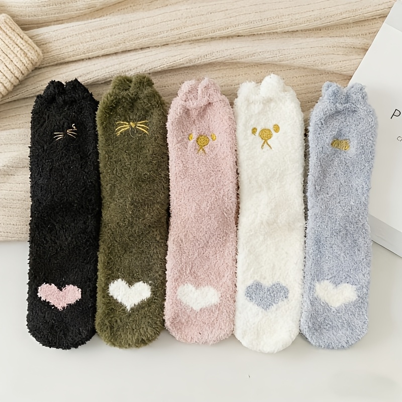 TEMU 5 Pairs Of Coral Fleece Socks Featuring Cartoon Cat Paws, Thickened For , Perfect For And Use