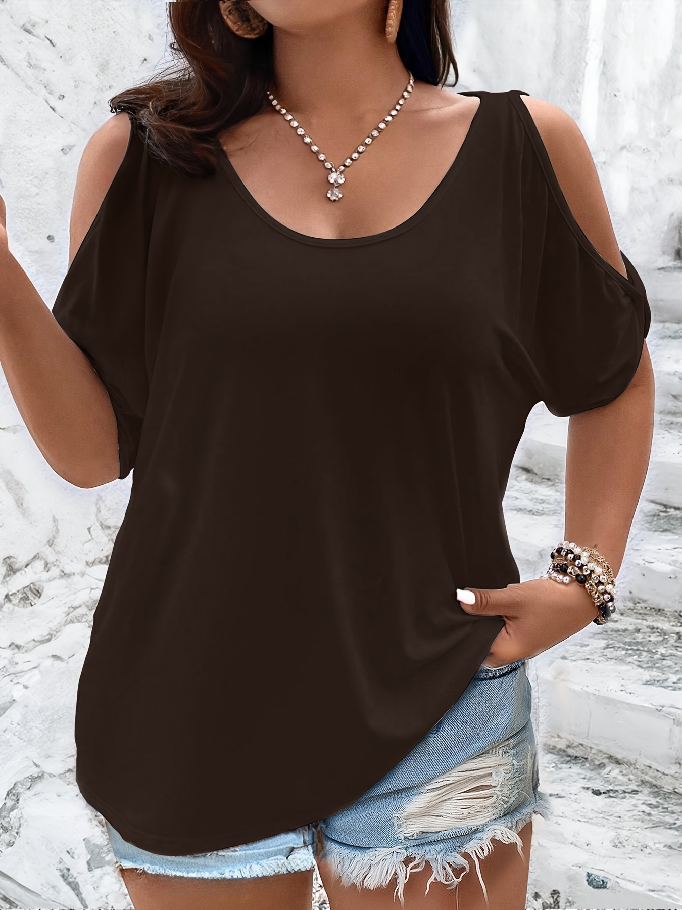 Plus Size Solid Cold Shoulder T-Shirt, Casual Crew Neck Short Sleeve T-Shirt, Women's Plus Size?Clothing