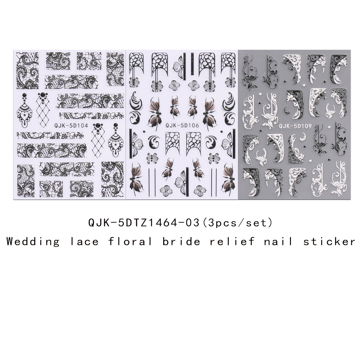 TEMU 3pcs Elegant Lace Floral Bridal Nail Art Stickers - Self-adhesive, Semi-matte Polyethylene Decals With Intricate Patterns For Wedding Nails,