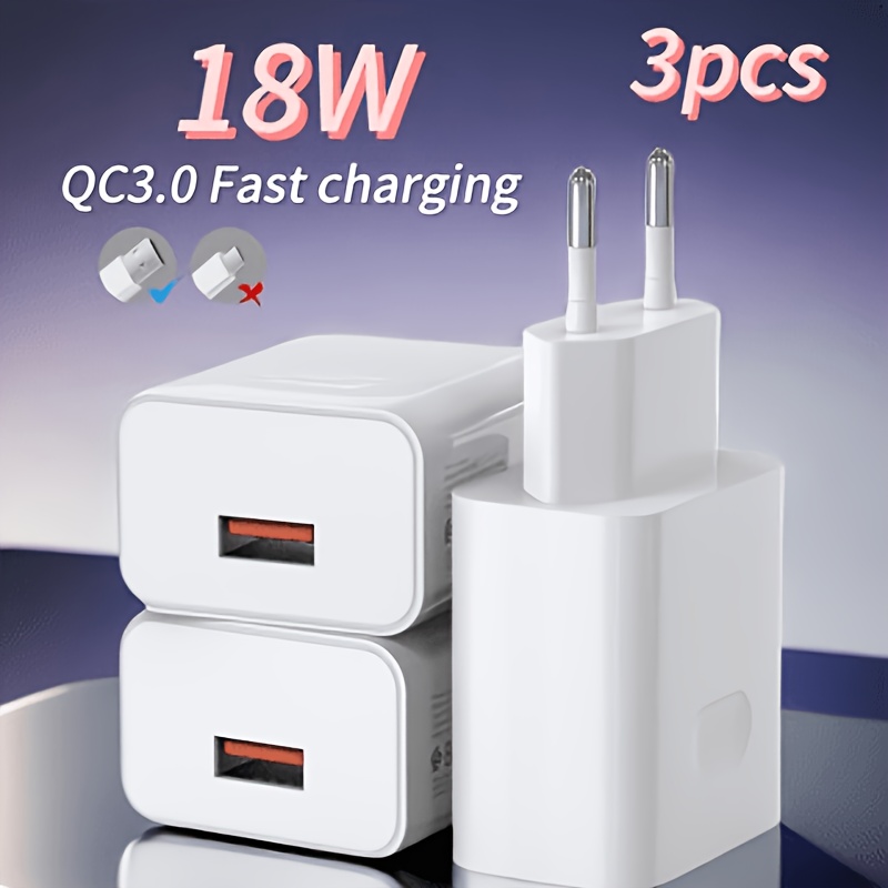 Image of 3pcs Qc 3.0, 18w Usb Wall Gna Charger - Fast Charging, Power Adapter, Eu Plug Suitable For S25 Ultra/s25 Plus/s24 Ultra/s24 Plus/s23 Iphone Mobile Phone Charger
