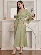 ramadan lace trim floral print kaftan dress elegant v neck midi dress womens clothing