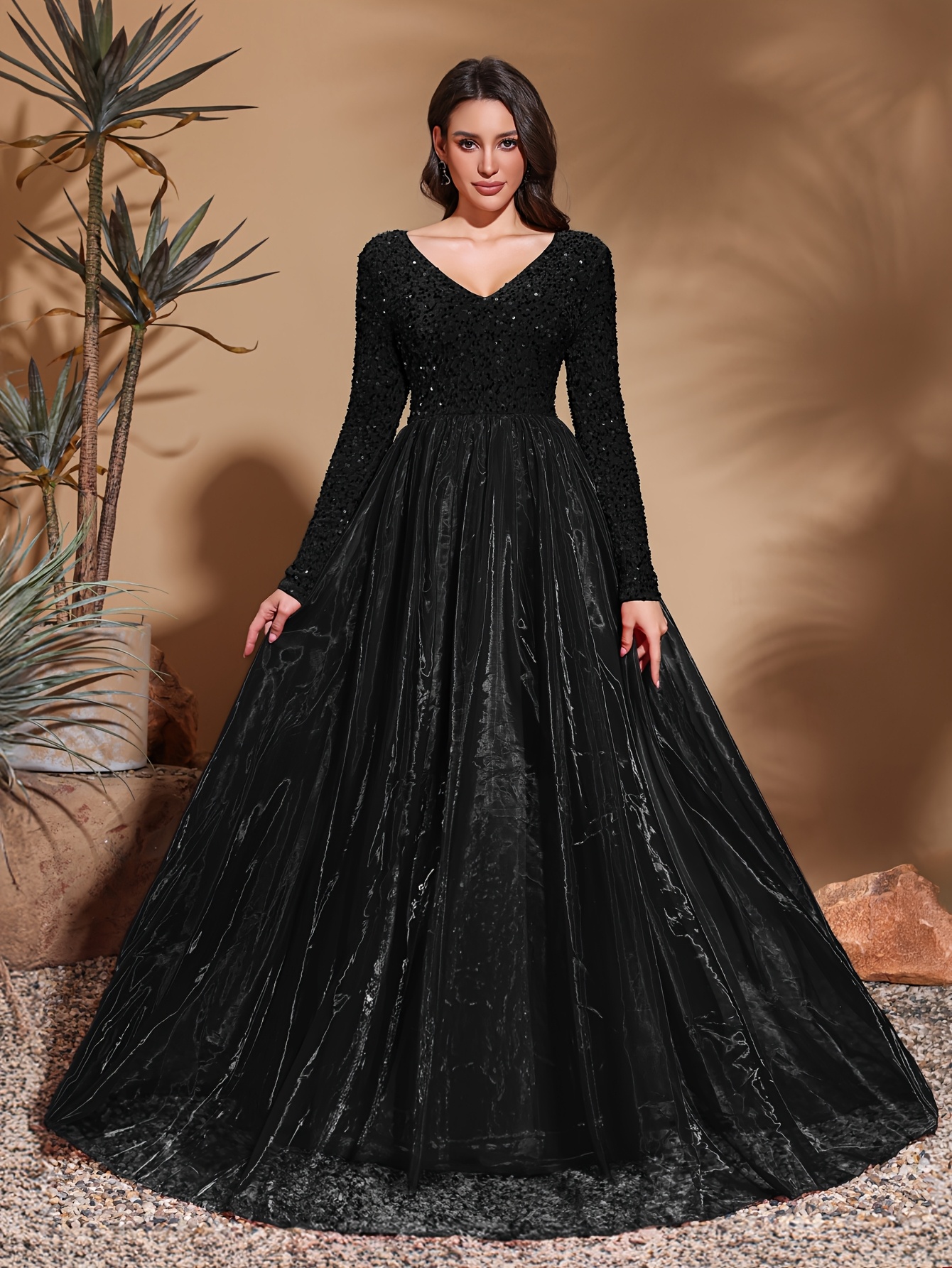 elegant black sequin long sleeve gown v neck perfect - Temu