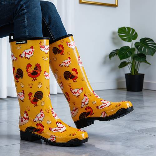 item picture pvc rain boots in with a cartoon chicken pattern featuring high black tops on loops and slip resistant soles outdoor wear on