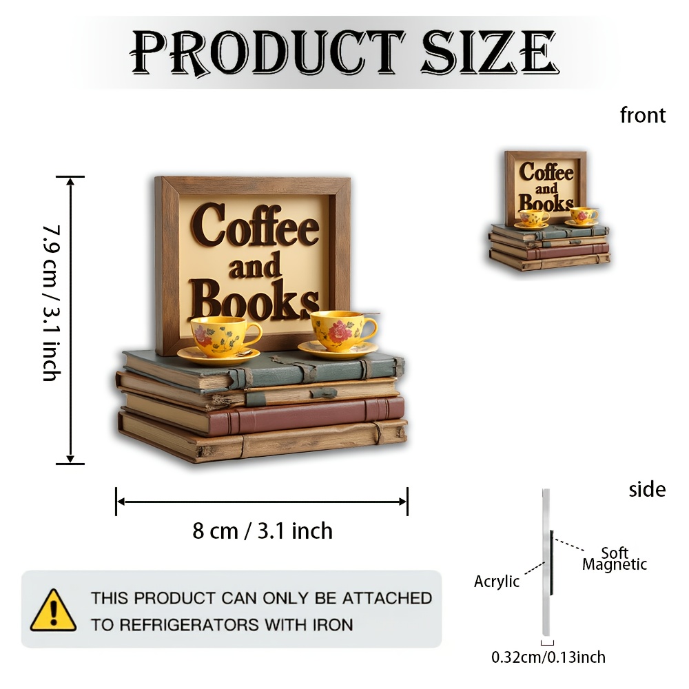 TEMU 1 Vintage Books And Coffee Magnet - Acrylic Refrigerator Magnet With "coffee And Books" Text, Bookend Decoration, Suitable For Refrigerators,