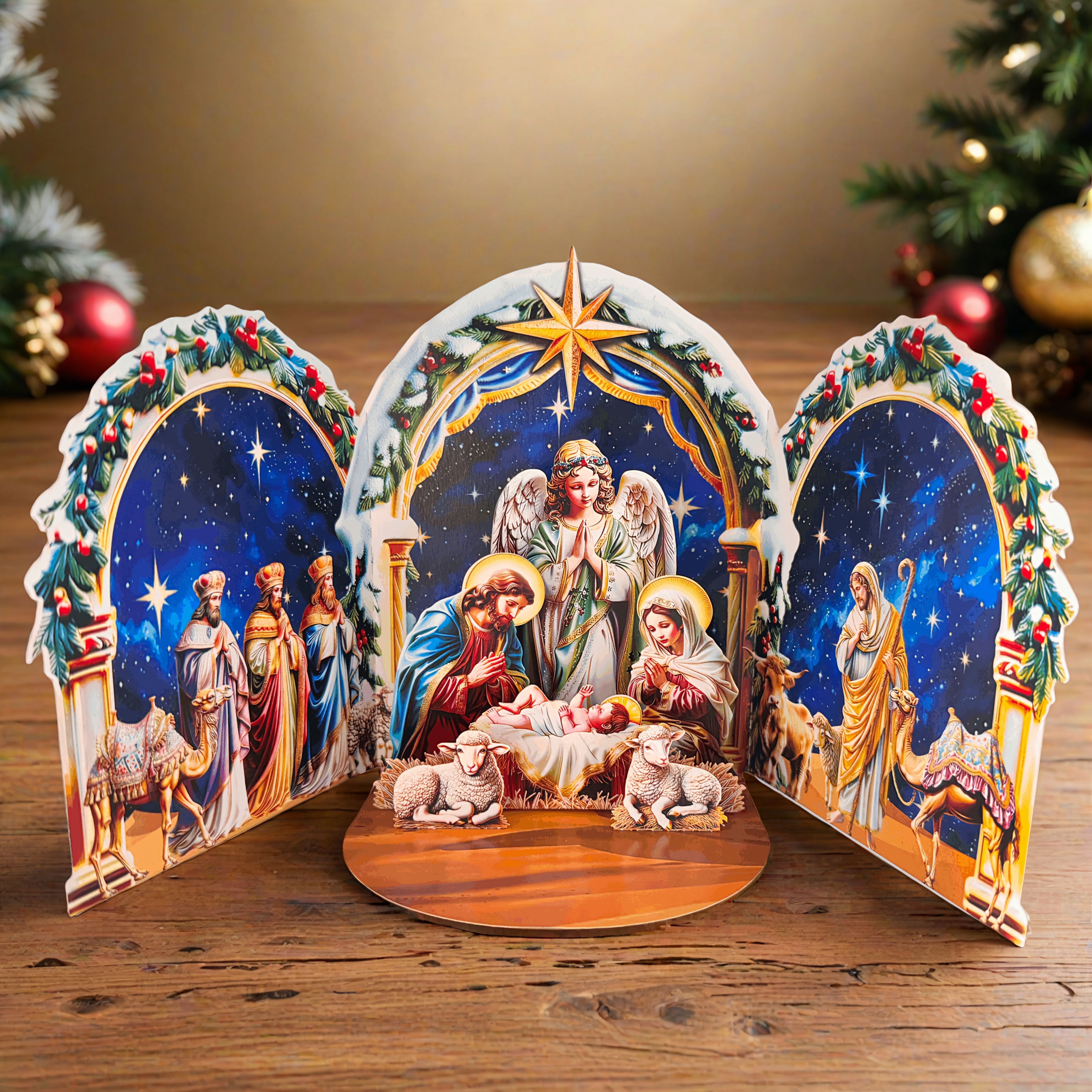 This 3d Pop-up Greeting Card Features Of ' Birth, With A Where Shepherds Listen To Angels Proclaiming News, And The Star Of Bethlehem Shining Above. It Can Serve As A Collectible For Christmas