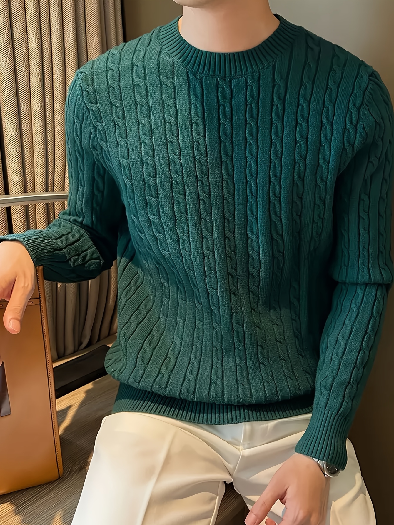 border new autumn winter mens round neck twist rope knit sweater pullover