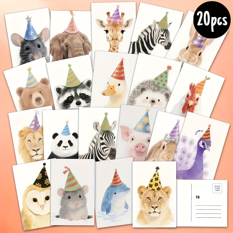 TEMU 20 Animal Birthday Party Postcards With Hats - Cartoon Animal Design, Fun Birthday Thank You Cards, Suitable For Birthdays, Congratulations And