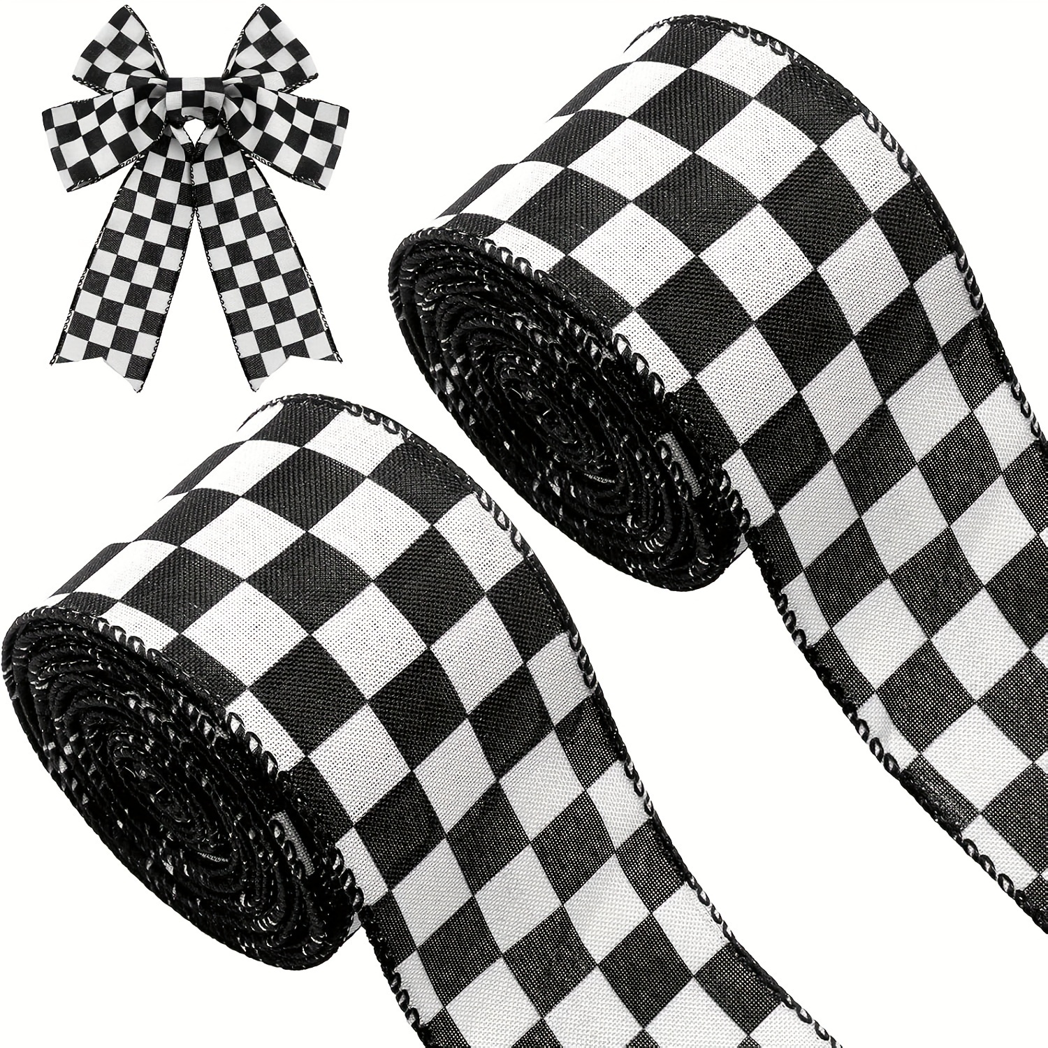 

And White Checkered Ribbon Set, 2 Rolls Of 2.5 Inch X 5 Yards - Polyester Fabric, Christmas Crafts, Gift Wrapping & Universal Holidays - Non-electric & Featherless