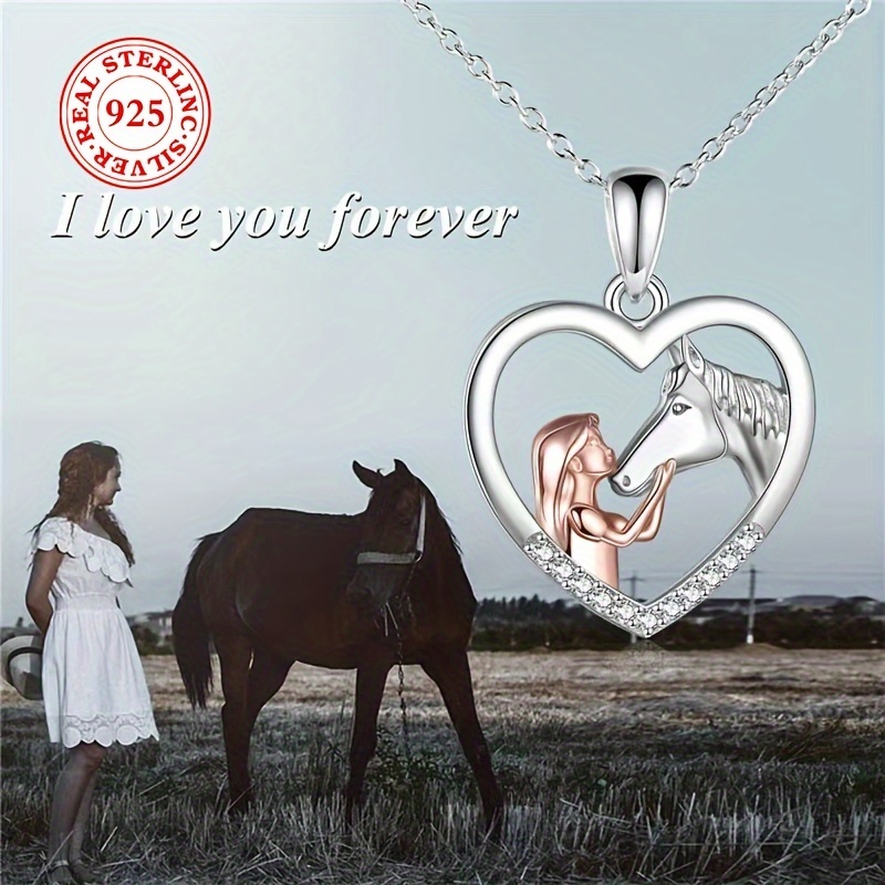 

Dual-tone, Elegant S925 Sterling Silvery Love Heart & Horse Pendant Necklace - Y2k Inspired, Dual-tone Clavicle Chain With Cubic Zirconia Accents For Women