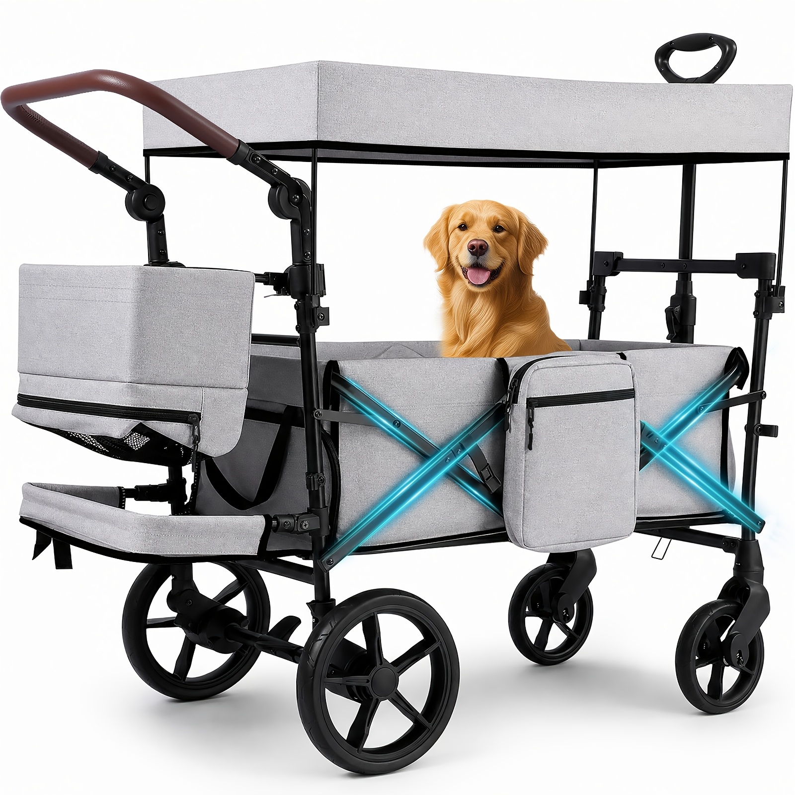 Foldable Handcart With Roof, Wagon With Xxl Pu Wheels (diameter 24/20 Cm), Suspension And Ball Bearings, Padded And Comfortable, Handle