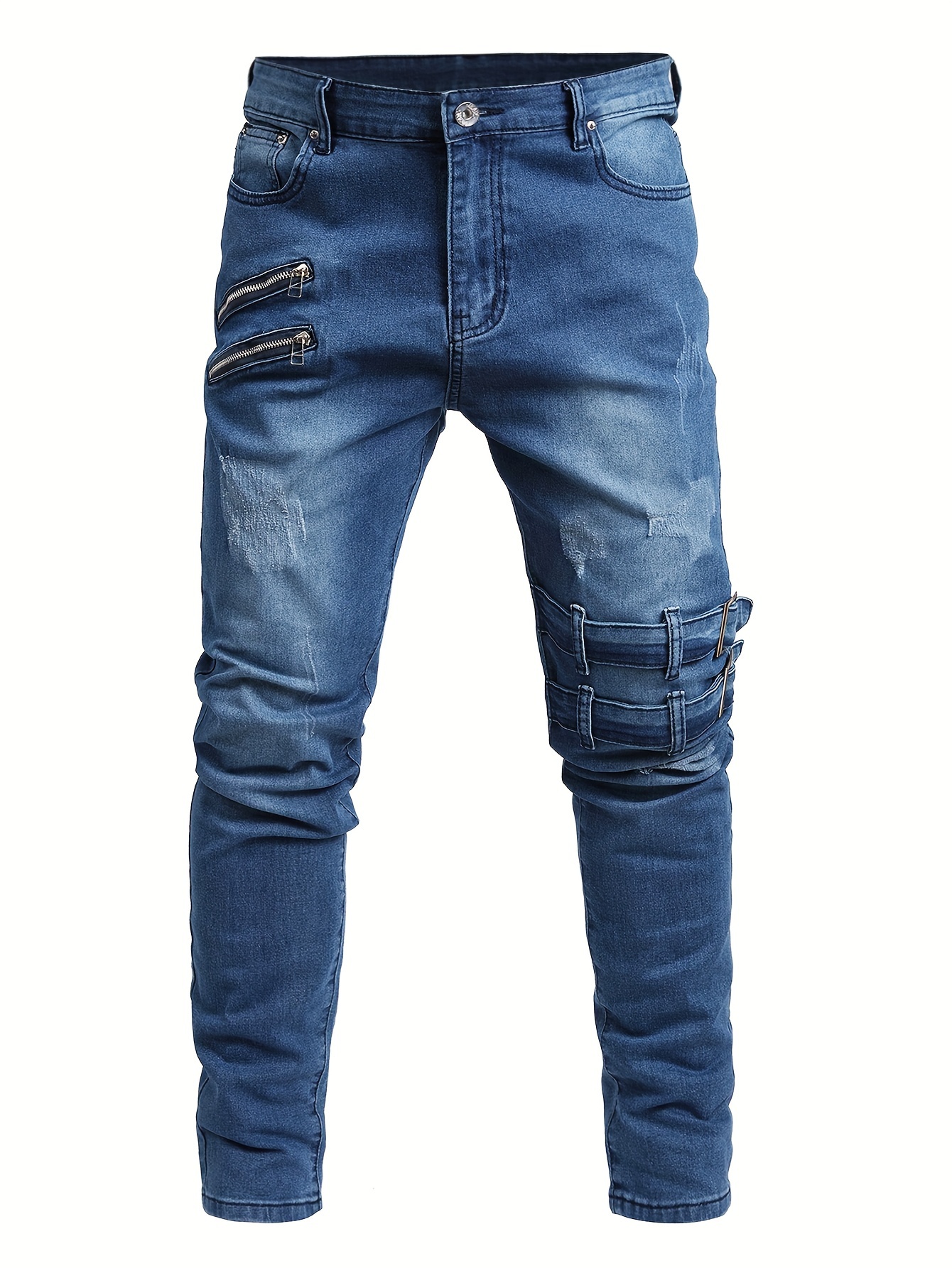Zipper Decoration Slim Fit Ripped Biker Jeans Men's Casual - Temu