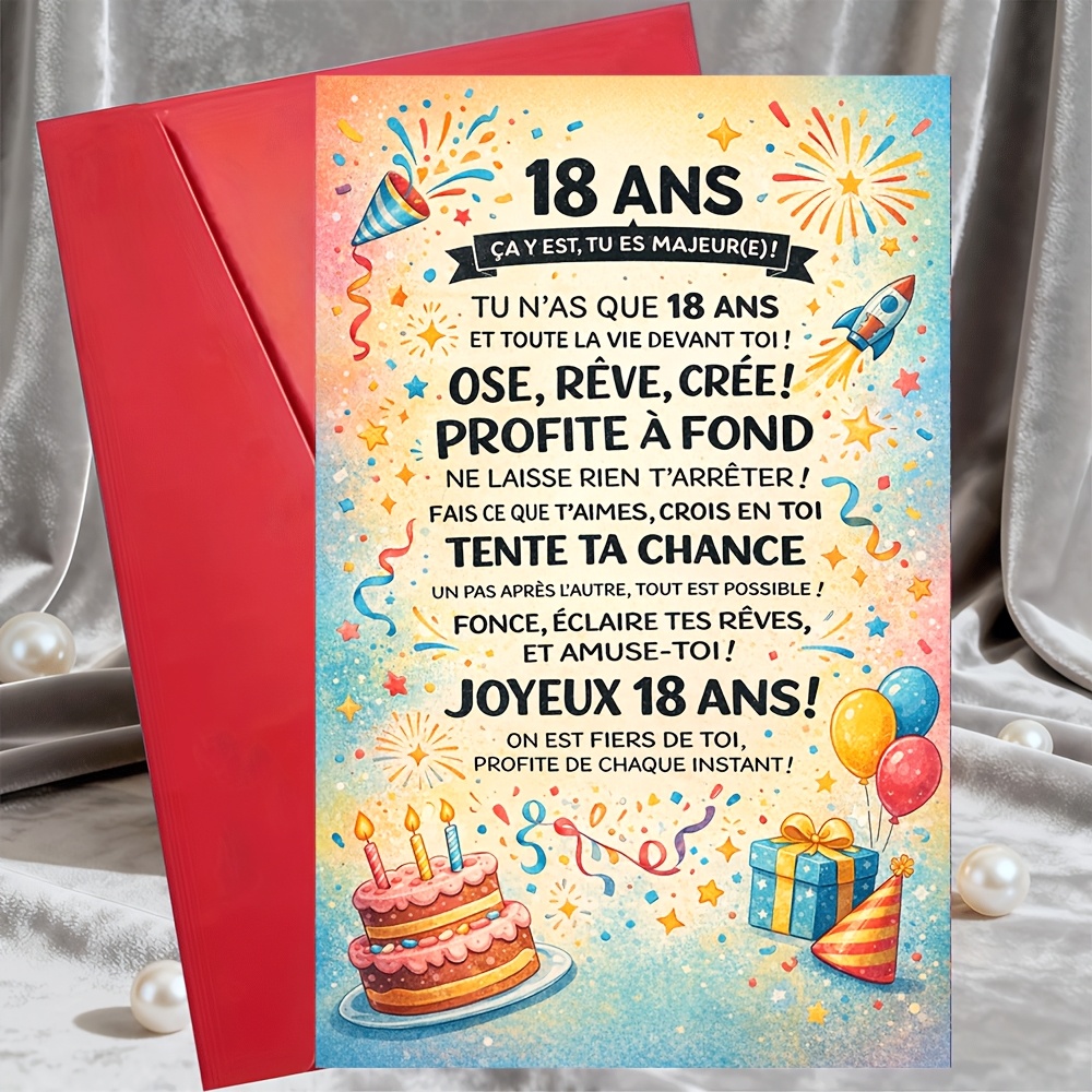 TEMU 1 Carte de vœux + 1 Enveloppe Carte de 18e anniversaire Joyeux 18 Ans en français Design avec Gâteau Ballons Cadeau ou elle des parents amis de