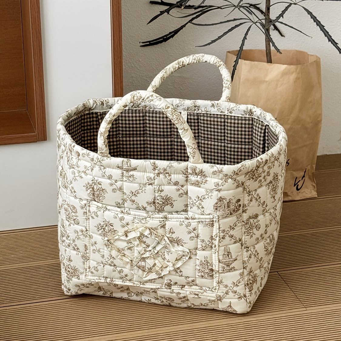TEMU Bohemian Floral Quilted Storage Basket With Handle - Large Foldable Portable Organizer Suitable For Women & Girls, Multi- Basket For,, Laundry,