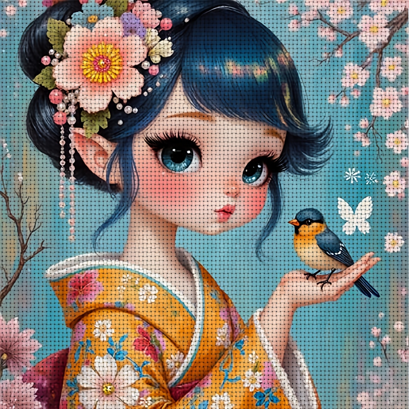 TEMU Kit de point de croix 1pc | Motif "Fille au Kimono avec Oiseau", Idéal pour Débutants, Inclut Toile Imprimée, Aiguilles, Patron et Instructions,