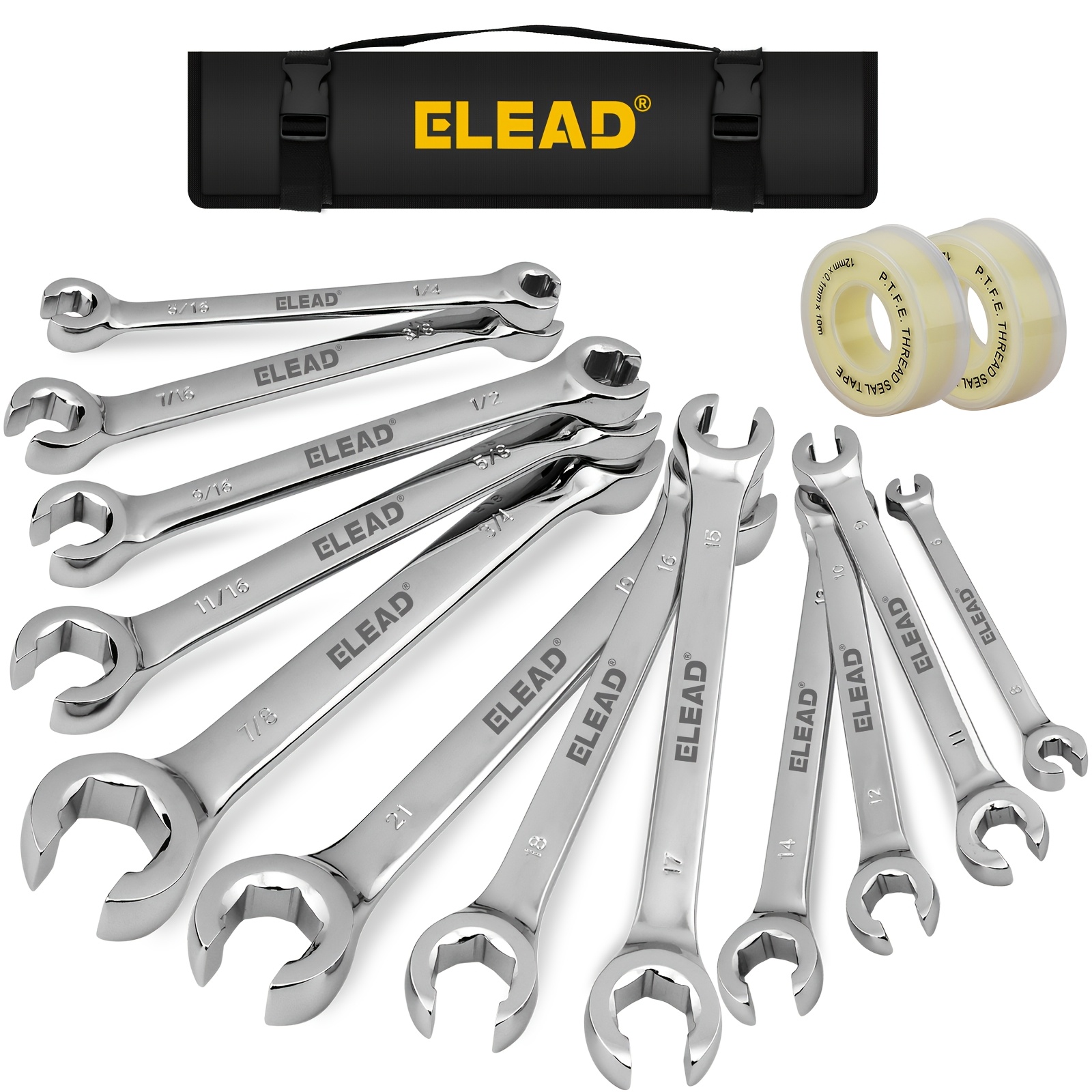 TEMU Elead 14pcs Flare Nut Wrench Set (including Sealing Tape), In Metric And Imperial Sizes (1/4 Inch /8 Inch And 6 To 21 Millimeters), Designed