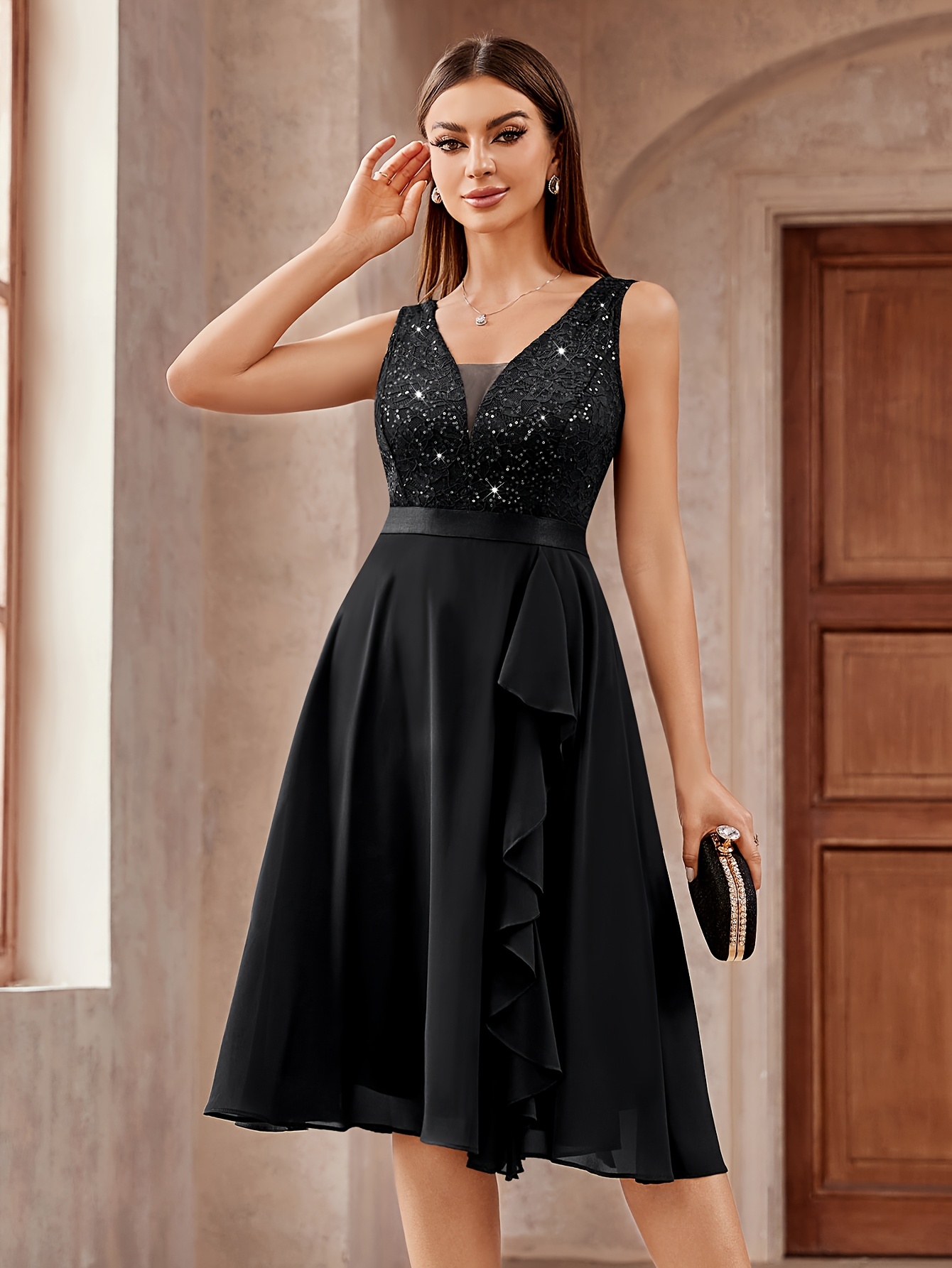 y54224 elegant womens sequin lace a line bridesmaid dress v - Temu