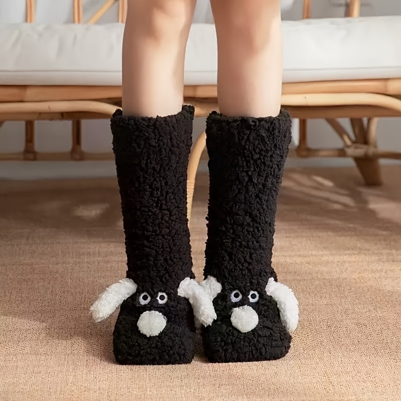 TEMU 1 Pair Cute 3d Cartoon Dog Plush Socks Warm Fuzzy Non-slip Floor Socks Soft Cozy Mid-calf Home Sleeping Socks For Women Winter Indoor Use