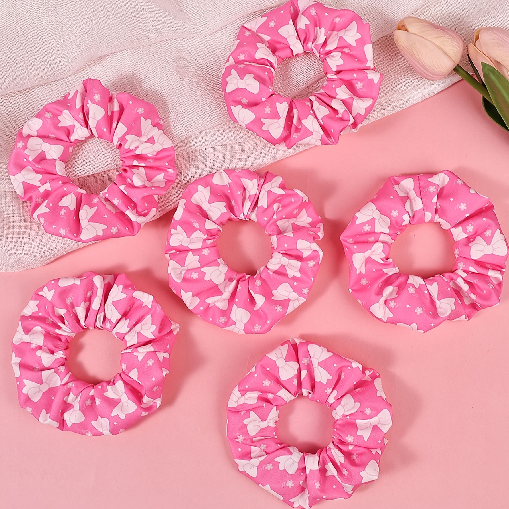 TEMU 6pcs Of Pink Satin Hair Ties With Bows, A For Women On Valentine's Day