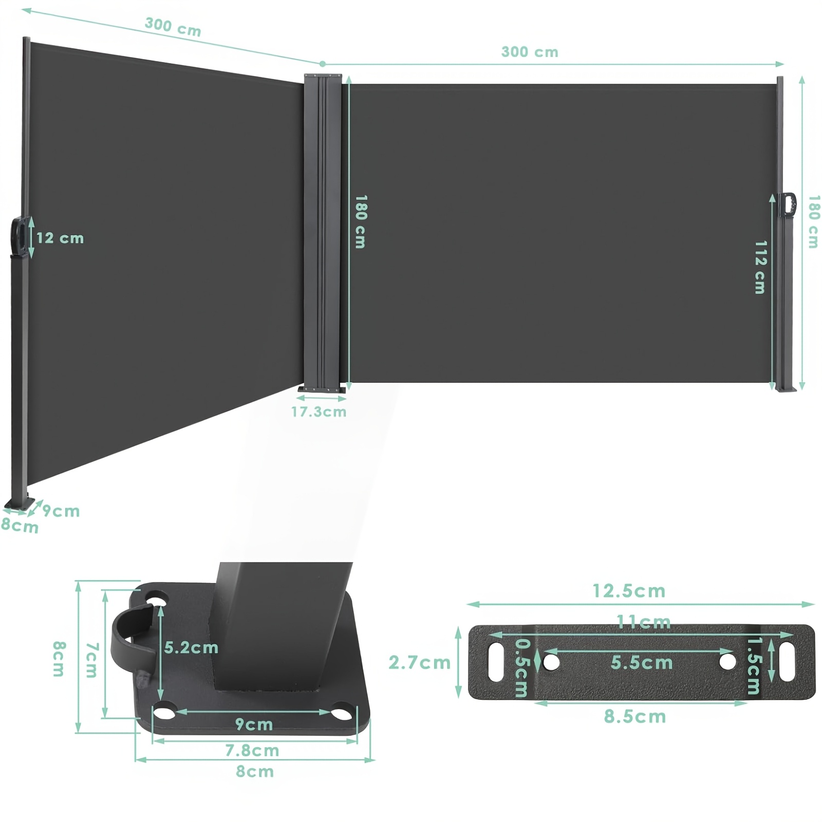 Awning, 180 X 600cm, Retractable Side Awning, Privacy Screen, Side Roller Blind, Opaque, Retractable Awning, Pu Coated, Suitable For And