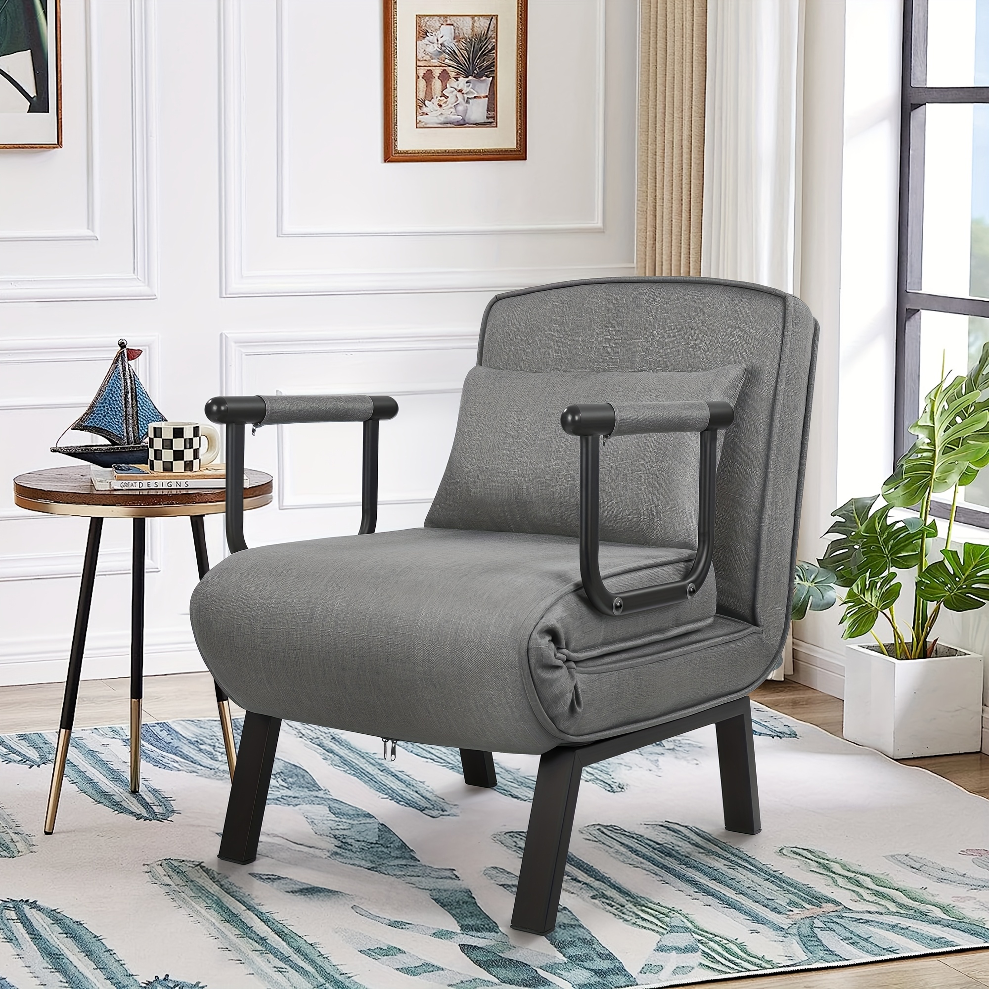 Image of Folding Chair, 4-in-1 Recliner, Folding Recliner With Bed Function, Sleeper Chair Foldable, Space- Guest Bed, Recliner With Adjustable Backrest, 150 Kg Load Capacity Metal Frame And Linen