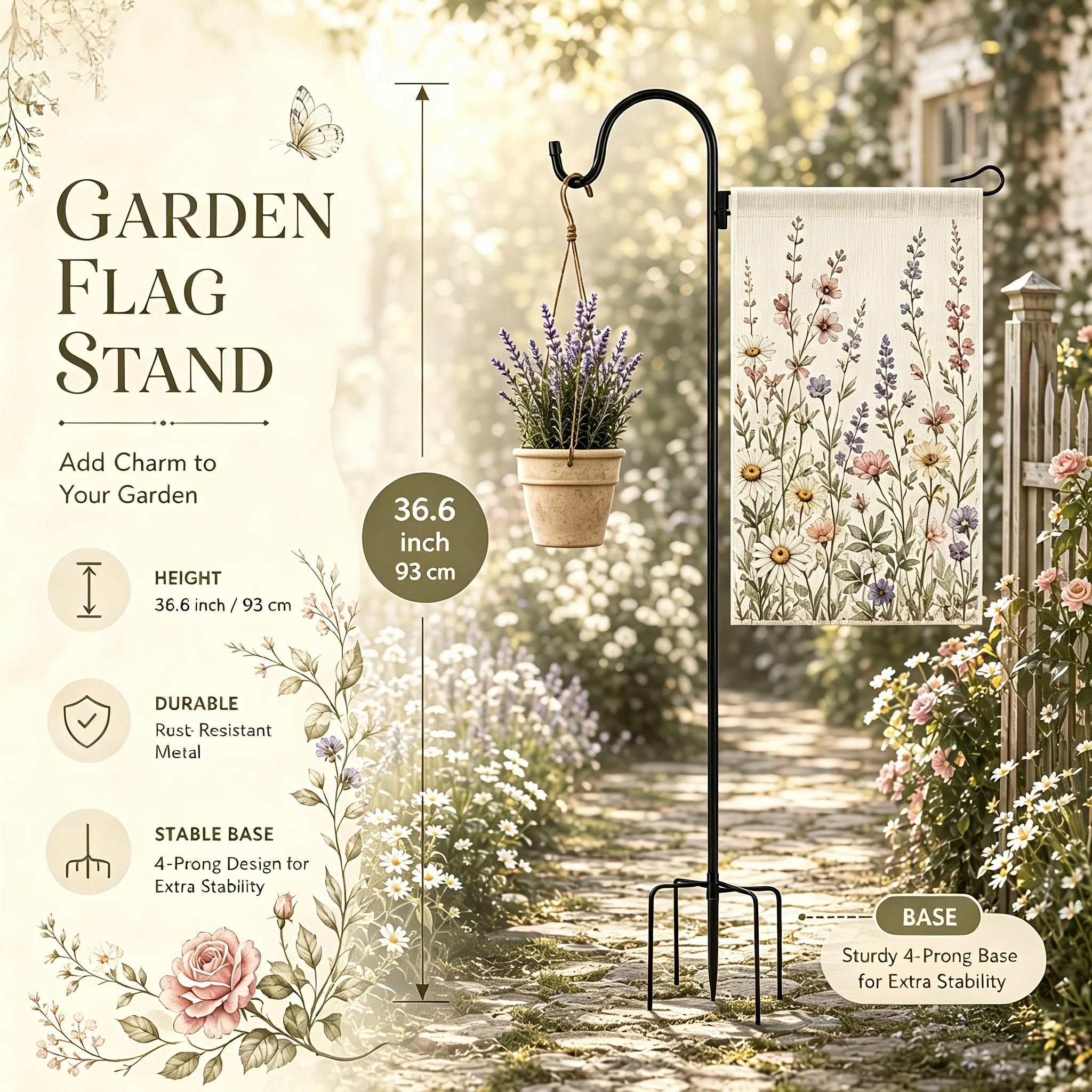 TEMU Support de drapeau de jardin avec jardinière suspendue, porte-drapeau de jardin robuste de 48,8 pouces pour extérieur, base stable à 5 broches