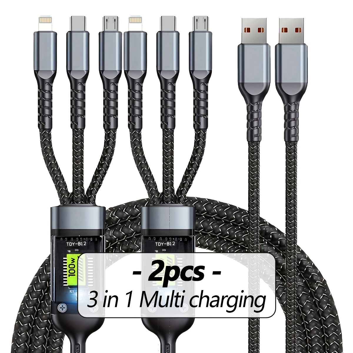 Image of 2/3pcs Multi Charging Cable 3in 1 Multi Usb Charger Fast Charging Cable Nylon Braided Multiple Charger Adapter Cord With Type C Micro Usb Port For Cell Phones Tablets
