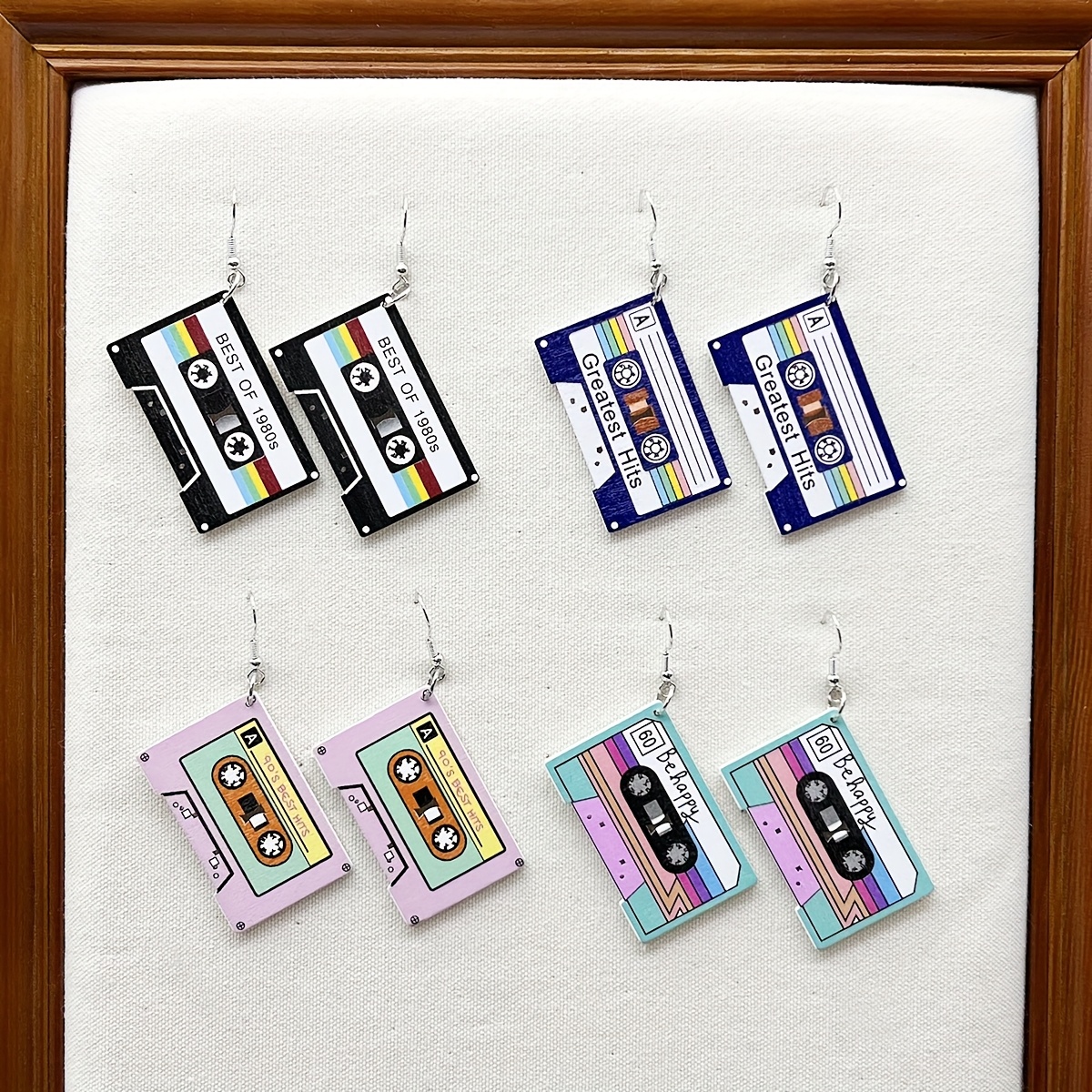 Image of 4prs/set Vintage Nostalgic Colorful Record Cartoon Series Wooden Ear Studs, Creative Tape Record Pendant Wooden Earrings, Suitable For Holiday Parties, Daily Vacation Gifts Trendy Fashion Earrings