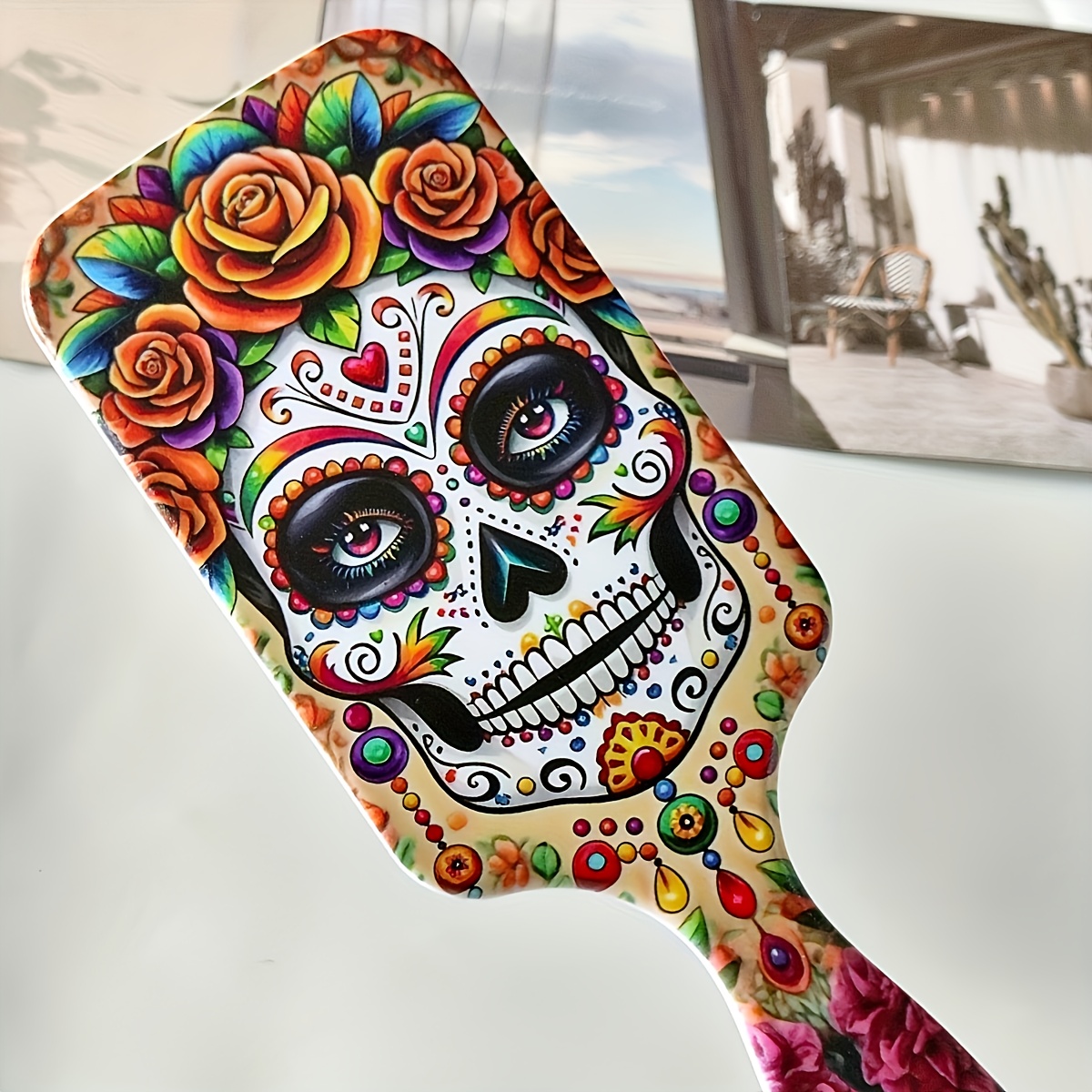 1 Peine con cojín de aire y patrón de calavera colorido, peine lindo para masaje del cuero cabelludo, antiestático, cepillo de pelo de agarre cómodo, peine de mango de ABS duradero, cerdas de nailon, adecuado para todo tipo de cabello, regalos ideales para Halloween, Día de Muertos mexicano