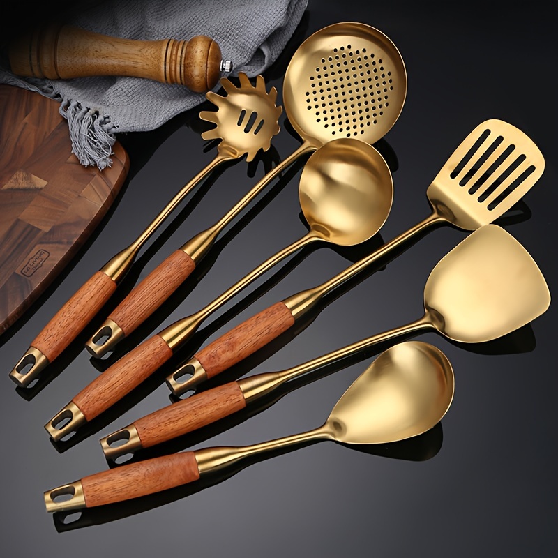 

Ensemble de 6 Ustensiles de Cuisine en Acier Inoxydable Doré de Luxe - une Spatule, une Louche, une Spatule à Fentes & Plus - pour , & le Service - Cadeau Idéal pour les Fêtes